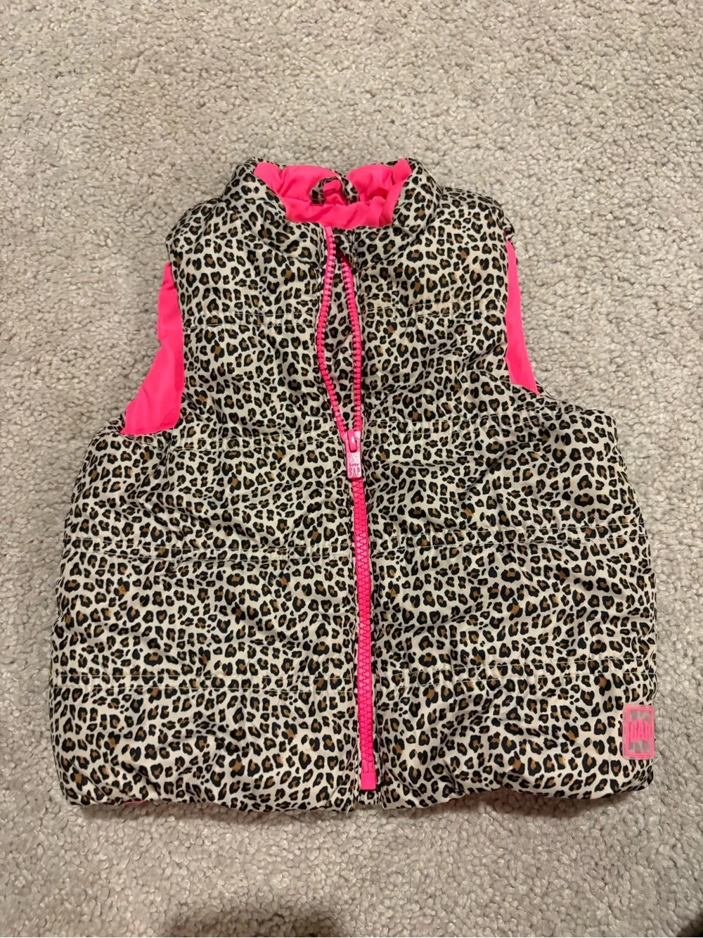 GAP Kids Leopard Print Puffer Vest with Hot Pink Trim